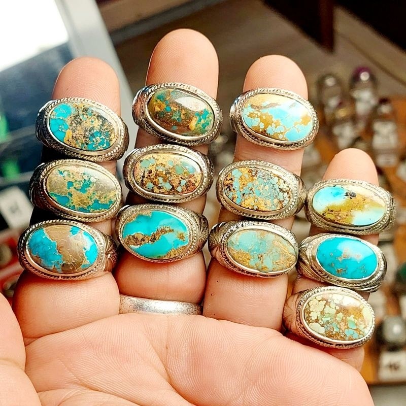 cincin batu akik pirus persia asli natural model melintang  / pirus blue fancy / pirus urat emas / p