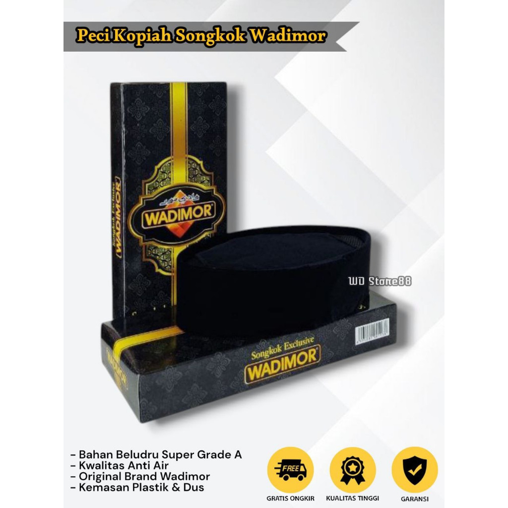 Kopiah Wadimor Asli AC Hitam Polos Peci Santri Gus Baha 2026 Songkok Nasional Beludru Tebal