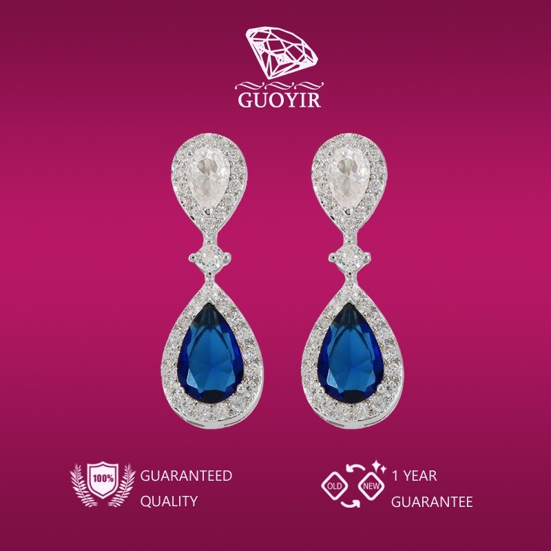 GUOYIR Anting Zircon Biru Mewah Ringan Fashionable