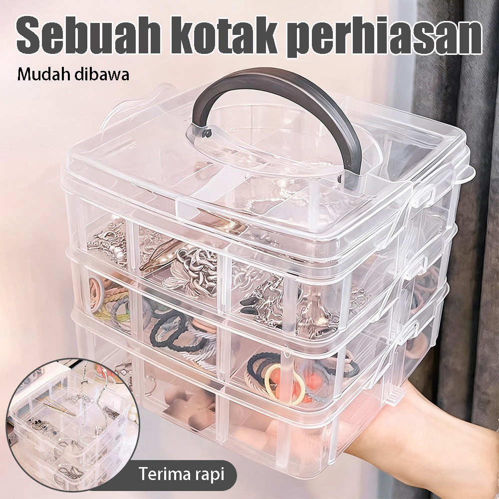 Kotak penyimpanan plastik multifungsi tiga tingkat dengan 18 kompartemen Kotak penyimpanan portabel 