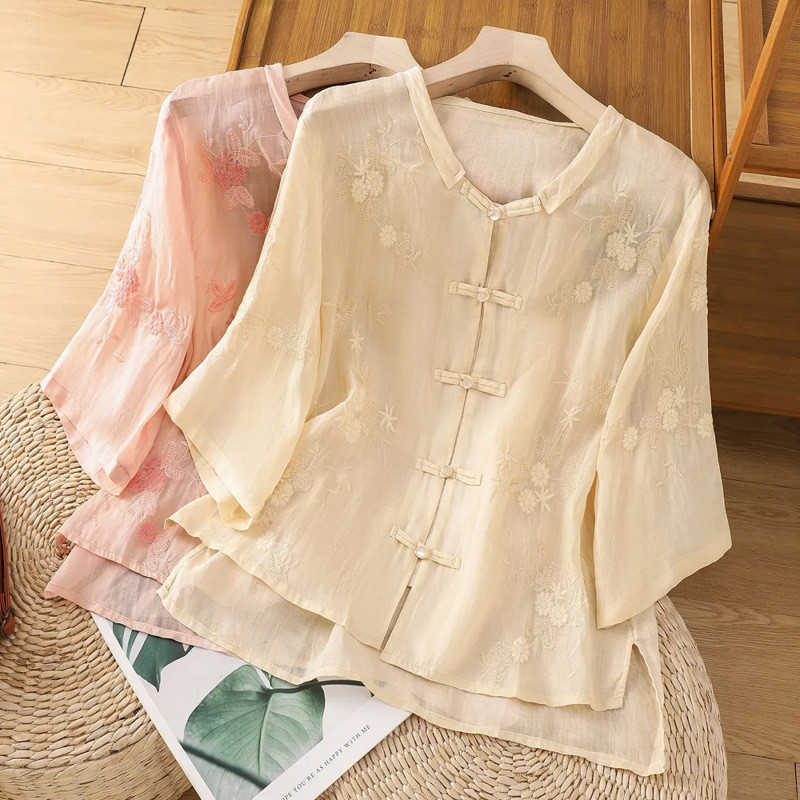 Women's Vintage Chinese Style Button Cotton Linen Shirt Summer Embroidered Cotton Linen Blouse