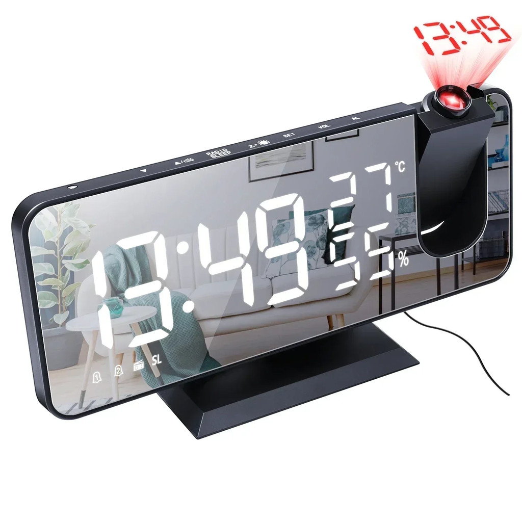 Jam Digital Alarm Proyektor LED Radio FM Termometer Hygrometer Cermin Display Proyeksi 180° Dual Ala