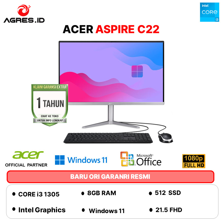 ACER AIO ASPIRE C22 I3 1305 8GB 512GB W11PRO+OHS 21.5FHD GARANSI RESMI INDONESIA
