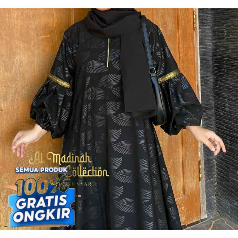 Abaya Shiva/Abaya Embos Lengan Balon Temboro Wolfis Hitam Full Motif Gamis Muslim Wanita- koleksi ba