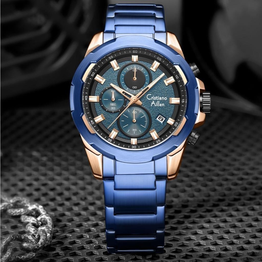 Cristiano Aillen Jam Tangan Pria Analog 8888 Rantai Stainless Steel Chronograph Kaca Sapphire Water
