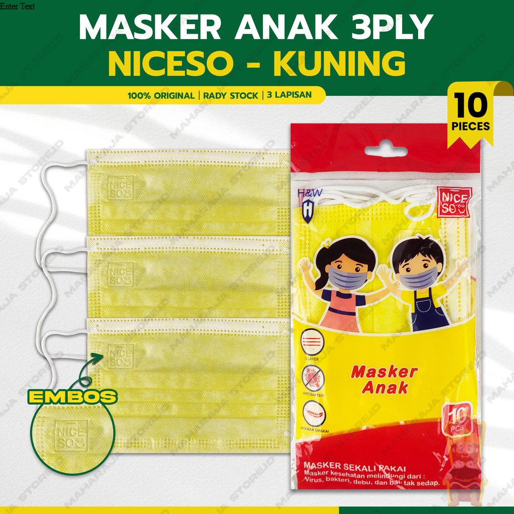 Masker Anak Medis 3Ply NICESO Isi 10Pcs Warna Kuning Yellow 3 Ply Earloop Surgical Mask Kemenkes