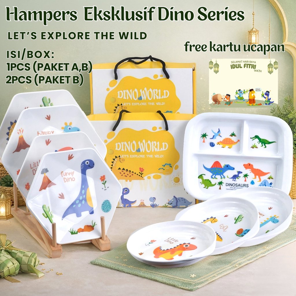 Paket Hampers Piring Melamin Motif Dino Anak – Motif Lucu Melamin Asli Food Grade Kuat BPA Free