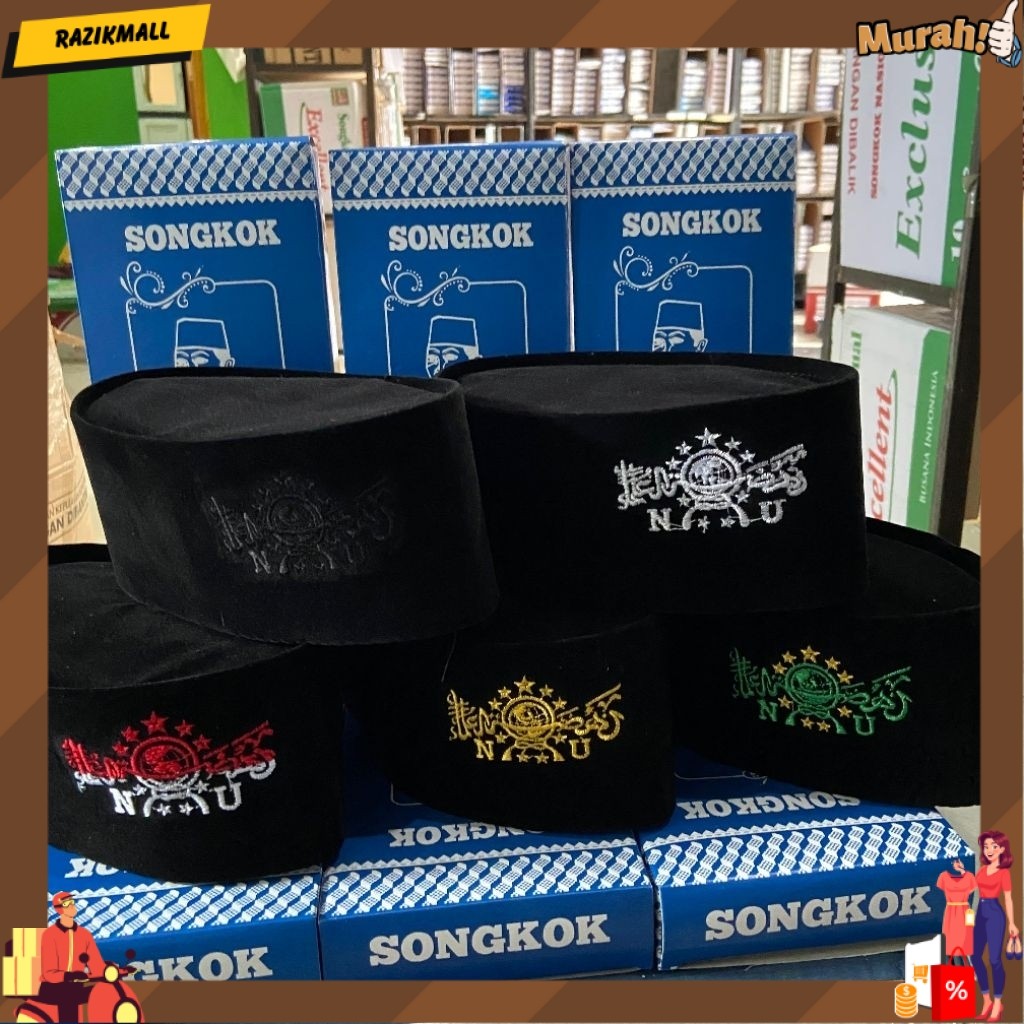 Peci NU Tinggi 9 cm Kupluk Hitam Kopyah Logo Bordir Hijau Kuning Emas Merah Putih