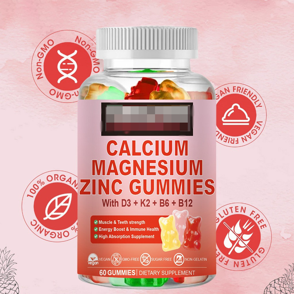 Calcium Magnesium Zinc Gummies 60pcs with Vitamin D3 K2 B6 B12 Supports Bone Health, Nerve Immune Fu