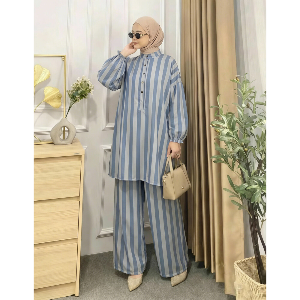 Setelan Tunik Celana Muslimah |Motif Garis Vertikal|Warna Soft Blue & Dusty Pink|Lengan Balon Kerut|