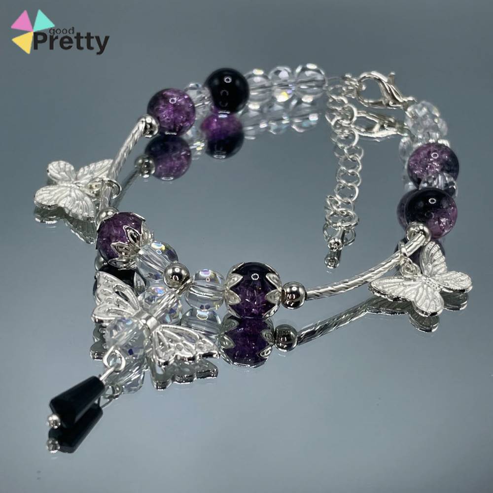 COD Gelang Kupu-kupu Titanium Wanita Anti Karat Gelang Manik-manik Kristal Amethyst Ungu Natural Bat