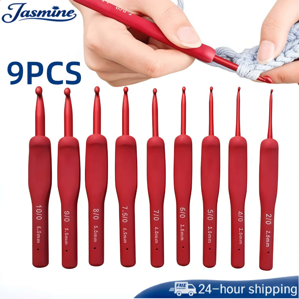 9Pcs/SET Hakpen Red Non Tulip - Jarum Rajut Hakpen Handle Karet Crochet Set Red