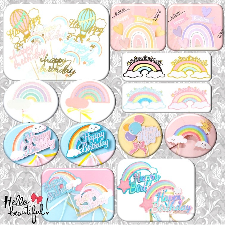 Hiasan Topper Kue Cake "Happy Birthday" Rainbow Pelangi Hot Balon Air Balloon Ulang Tahun Ultah