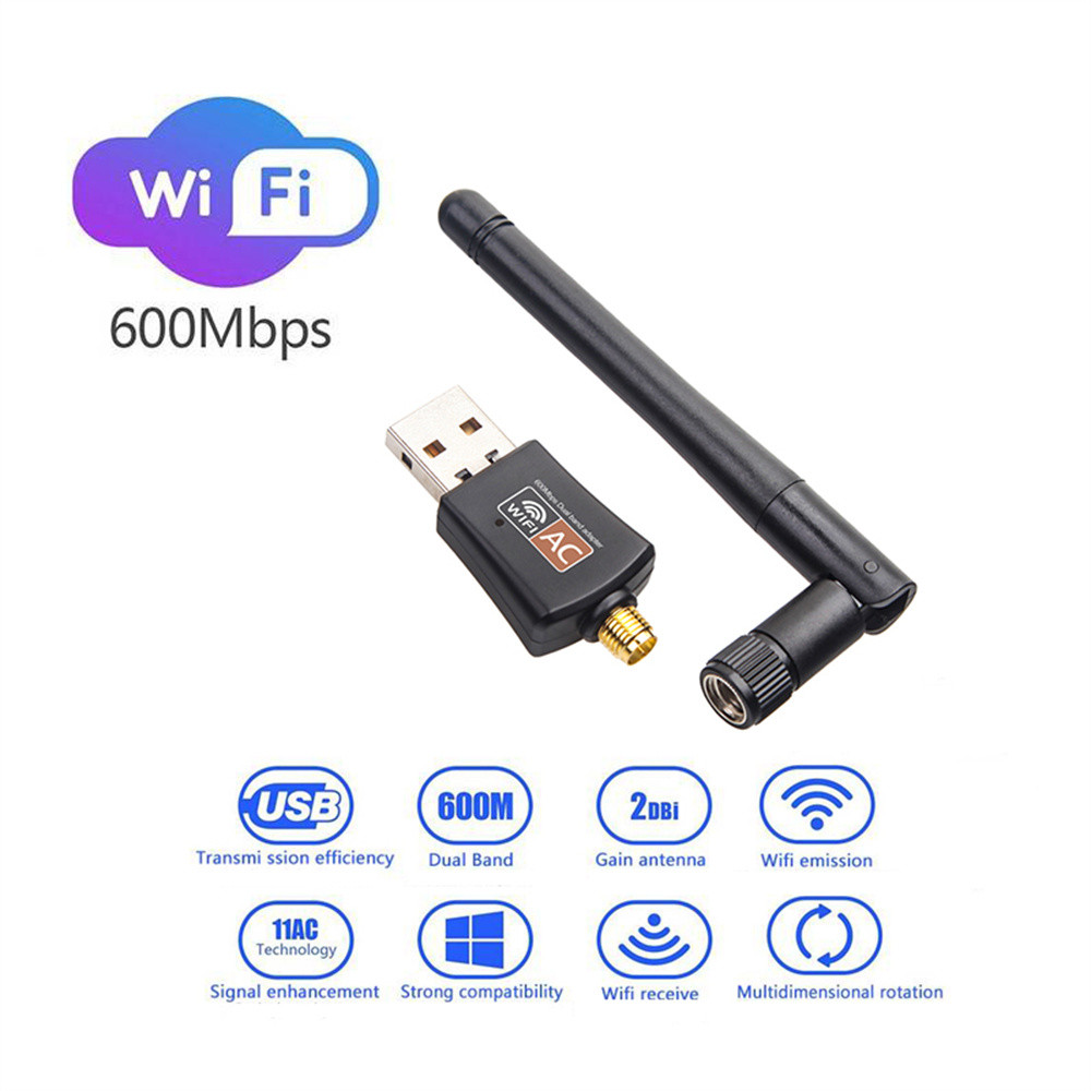 Adaptor WiFi USB Dual Band 600Mbps AC600 2.4GHz 5GHz dengan Antena, Kartu Jaringan Mini untuk PC Kom