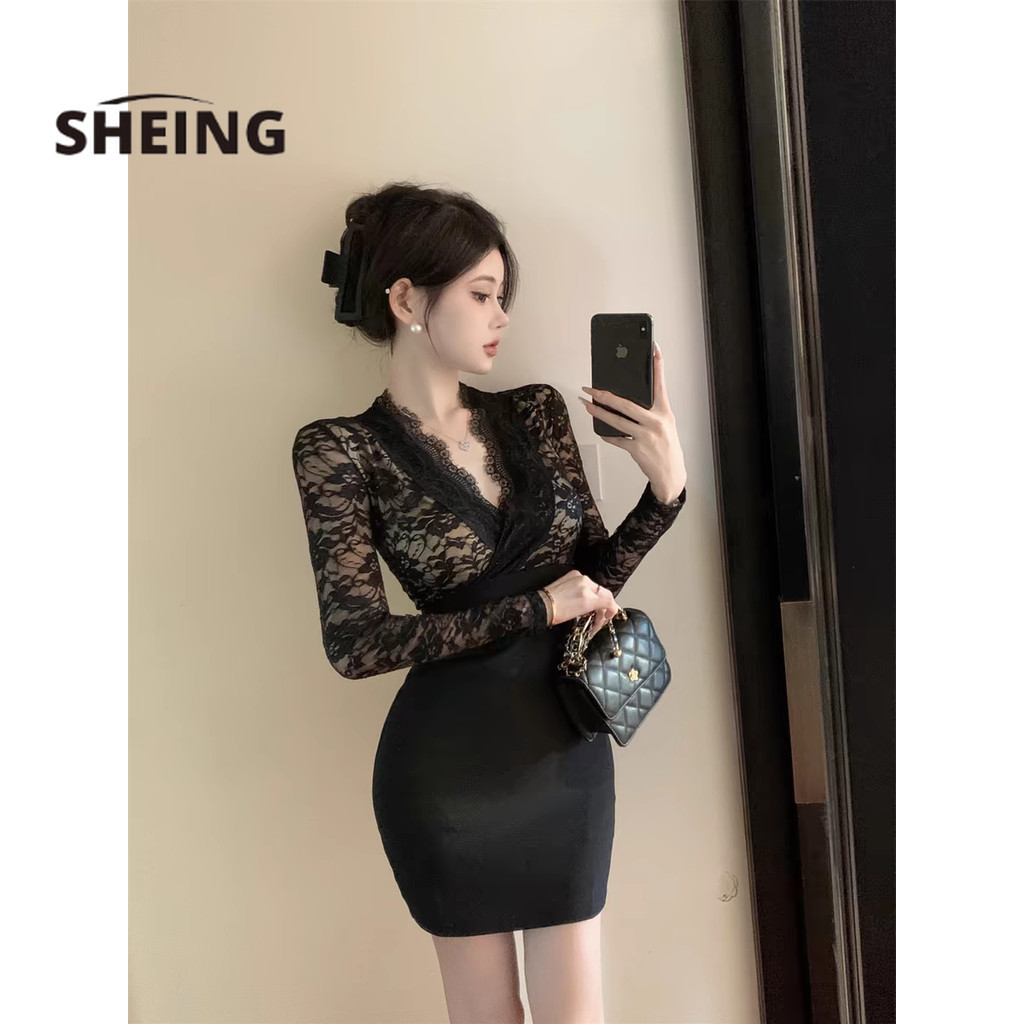 SHEING Dress Ketat Seksi Wanita, Gaun Ketat Lengan Panjang Jahitan Renda Dress