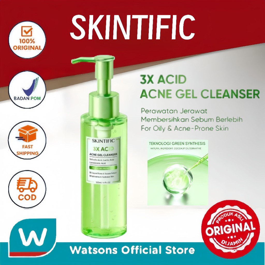 [Watsons Official]SKINTIFIC - 3X Acid Acne Gel Cleanser 120ml | Salicilyc Acid Facial Wash Cleanses 