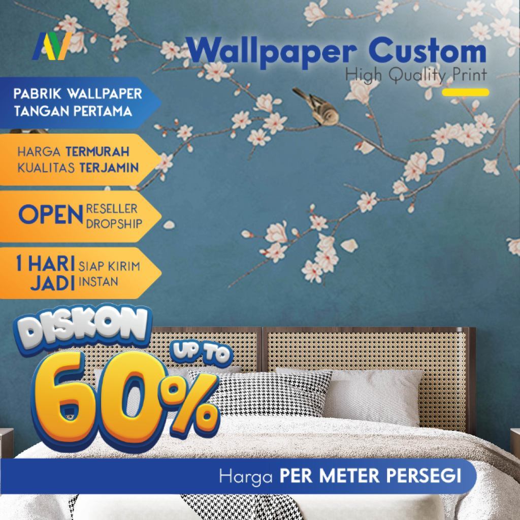 Wallpaper Dinding Custom Motif Chinoiserie | Gambar Bunga dan Burung Elegan | Wallpaper Ruang Tamu M