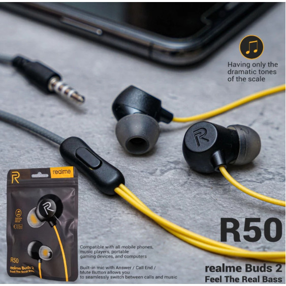 Headset Handsfree Earphone HF Realme RMS101 R50 R24 R40 C2 C3 C12 C15 C21 C25 Buds 2 Extra Bass / Ha