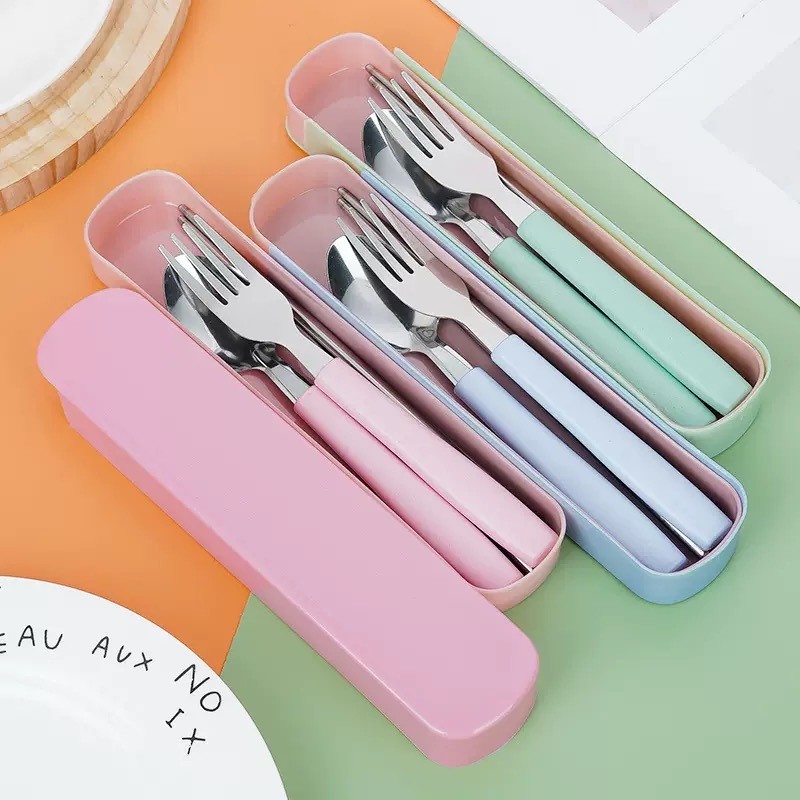 Beserta Box Dus Packaging Set 3 in 1 Sendok Garpu Sumpit Portable Travelling Alat Makan Bahan Stainl