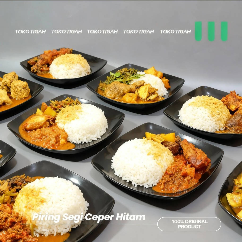 6 PCS - Piring Plastik Segi Ceper Hitam Nasi Padang, Piring Sushi, Piring Cantik