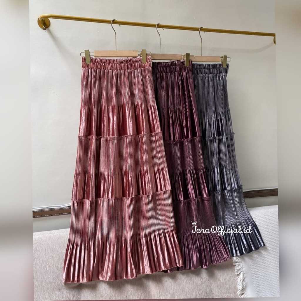 FICIEKUNZEX Rok Plisket Bludru Susun Premium - Rok Bludru Susun Wanita - Rok Bludru Ruffle Plisket P