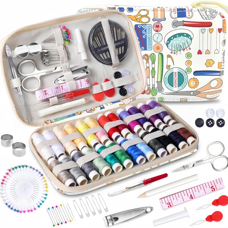 Printed pattern leather sewing kit, sewing tool set, 36 large spools, travel home, regular sewing ki