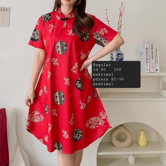 dress cheongsam jumbo/batik cheongsam jumbo/baju imlek/imlek 47856 - Merah