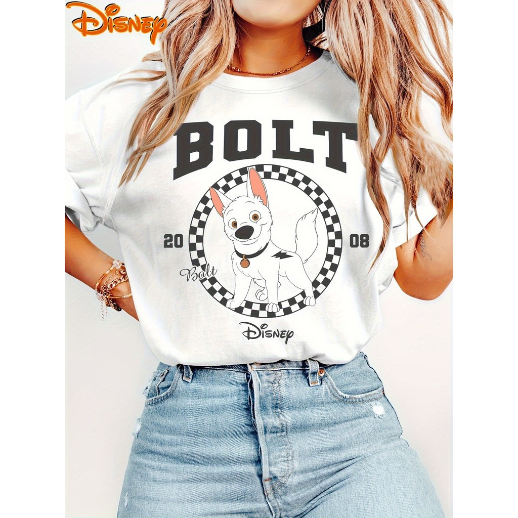 Kaos Grafis Disney Bolt Wanita - Kaos Leher Bulat Lembut dan Bernapas dengan Desain Resmi Disney, Ka