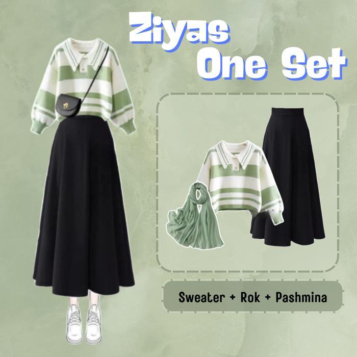 Ziyas One Set Korean Style (Sweater, Rok, Hijab) One Set Wanita Kekinian Rok Hijab OOTD Rajut Stripe