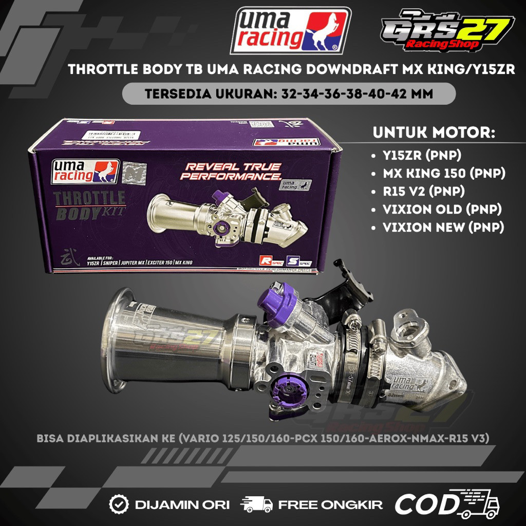 THROTTLE BODY KIT UMA RACING TB DOWNDRAFT UMA MX KING 150 Y15ZR 32-34-36 BISA DIAPLIKASIKAN KE NMAX 