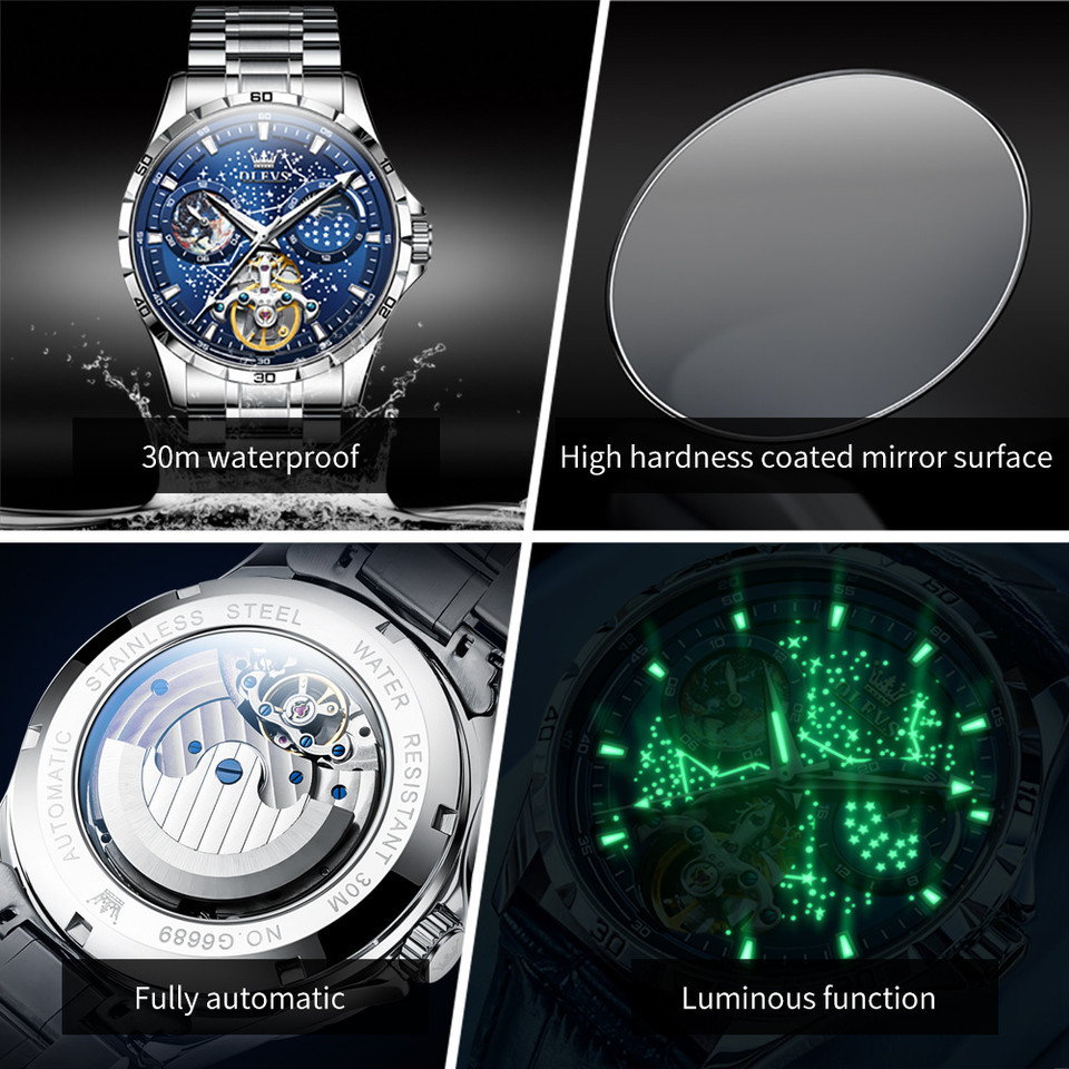OLEVS Flywheel Skeleton Automatic Watch for Men Luminous Starry Sky Waterproof Business Wristwatch M