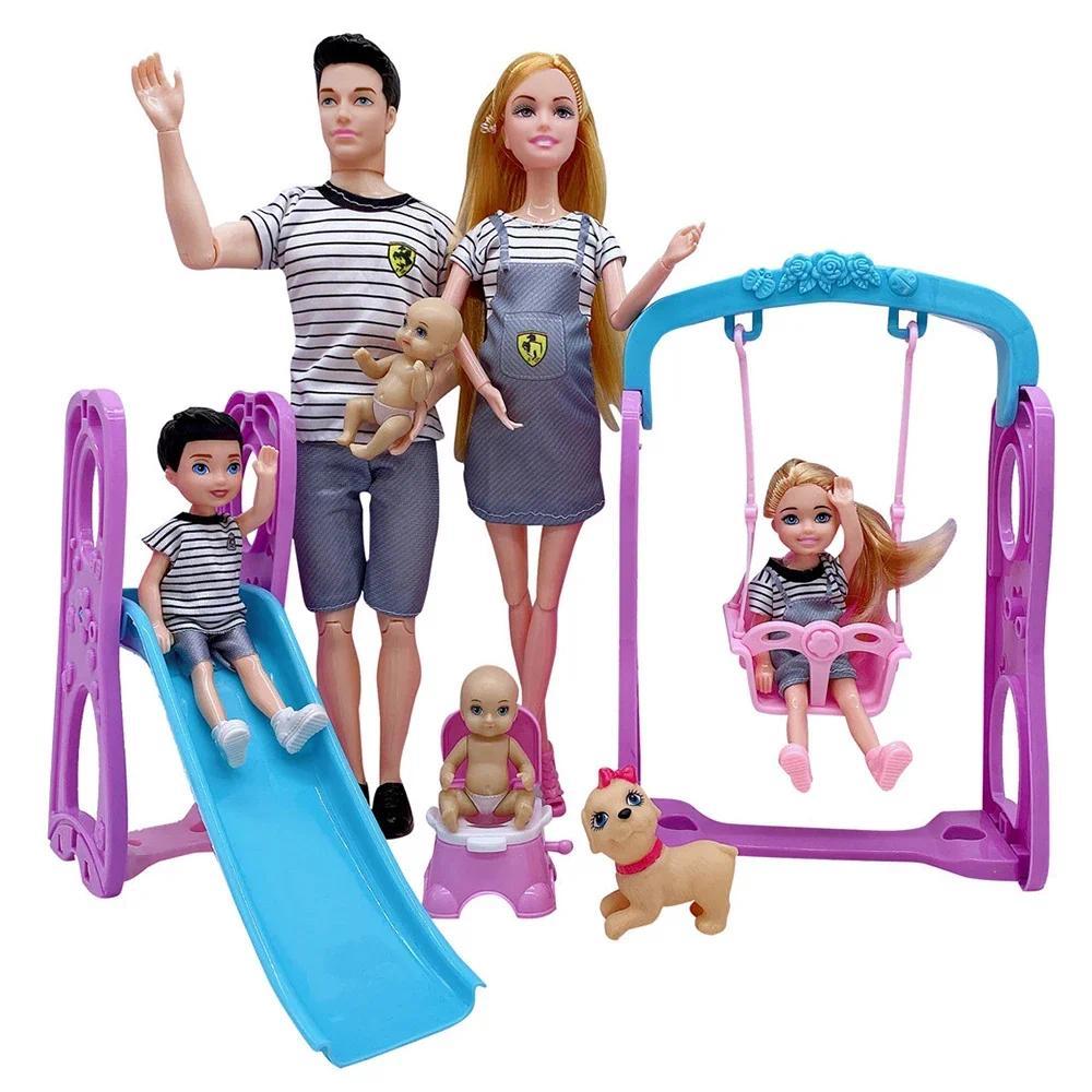 5Pcs/Lot Family Couple Dolls Pregnant Mom Doll Stroller Bed Accessories Baby Boy Ken Playset Kids Pr