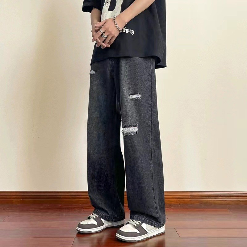 GADINGKU_  KeyBoy celana jeans pria panjang sobek baggy straight hitam denim pants casual longgar pa