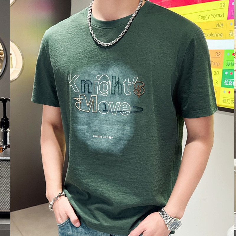 T-shirt lengan pendek laki-laki, kain linen tipis, tubuh ramping