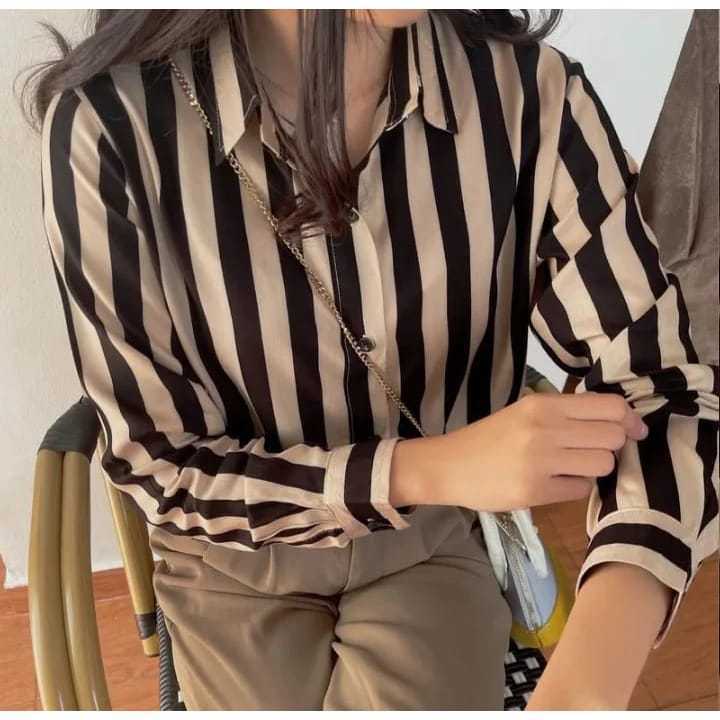 Top Atasan baju kemeja wanita |kemeja wanita salur kemeja salur wanita terbaru kekinian/kemeja musli