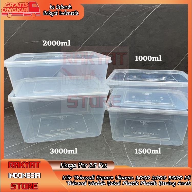 Wadah Plastik Klir Thinwall Square 1000 1500 2000 3000 Ml Kotak Bening Salad Buah Kue Tempat Bekal A