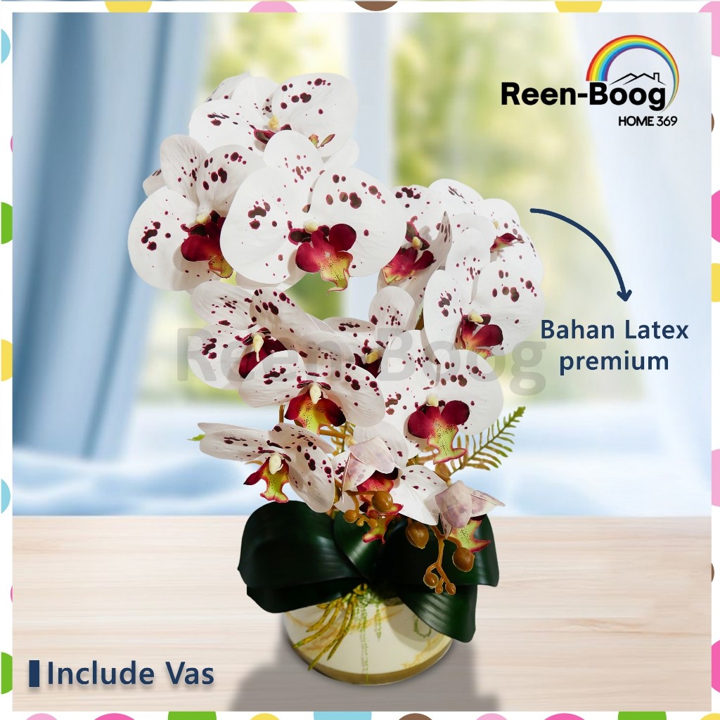(Hominic store) Rangkaian Anggrek Latex Lengkap Vas Premium | Bunga Anggrek Bulan Artificial Premium