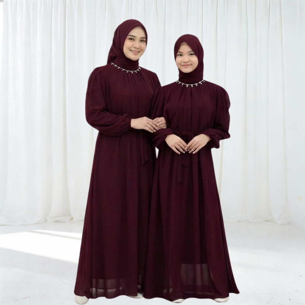 Dress 2026 Gamis Couple Ibu dan Anak perempuan remaja tanggung ceruti warna Mahogani Burgundy