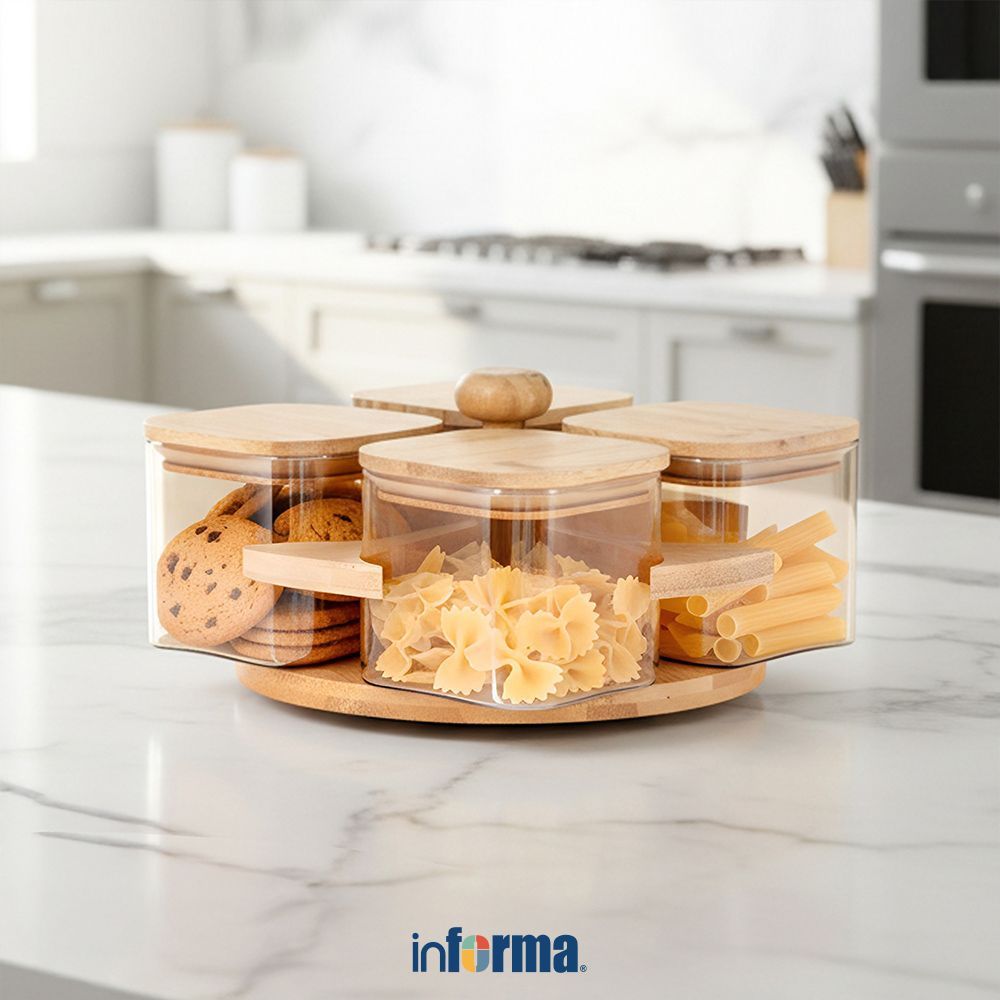 Informa Stoples Kaca Dengan Tutup Square Degan Nampan 500 ml Set 4 Pcs Transparan Jar Tempat Simpan 
