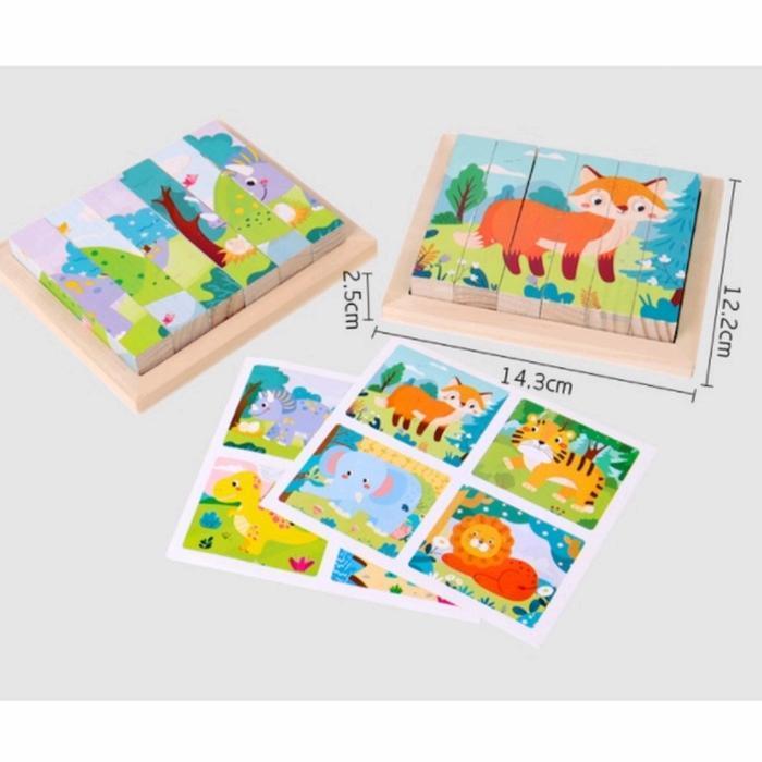 Puzzle Kayu Kubus Anak 4 Gambar Hewan Mainan Edukasi Balok Susun Asah Otak & Motorik