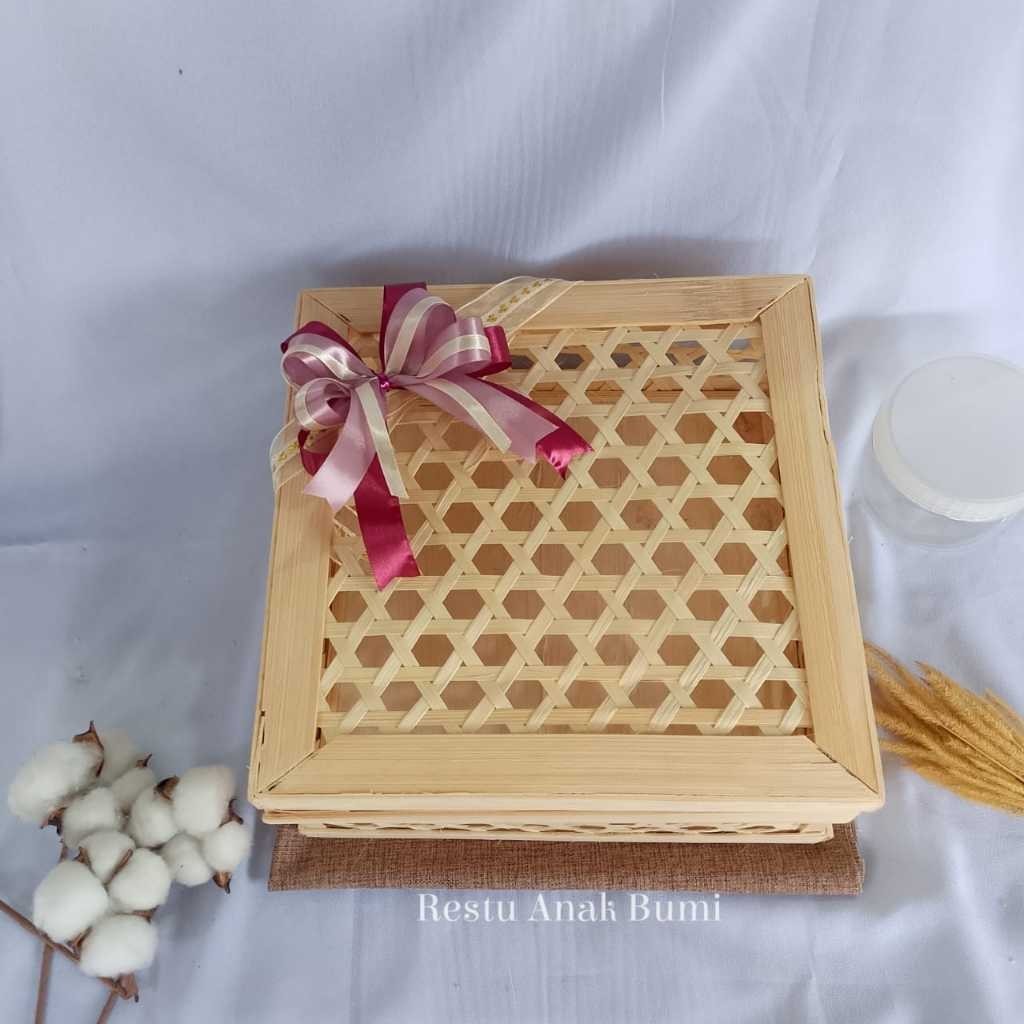 box hampers wadah parsel  Motif Hexsagonal Besar 25x25cm rantang bambu | tanpa hendel | pita pojok |