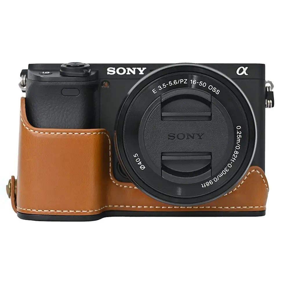 A6400 Oil Skin PU Leather Camera Half Body Case For Sony A6400 A6300 A6000 A6100 Battery Opening Bot