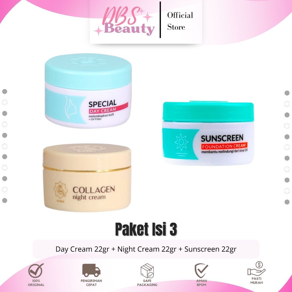 DBS - Paket Basic Daily Cream Wajah Glowing Perawatan Wajah Sunscreen Day & Night Cream Isi 3 Produk