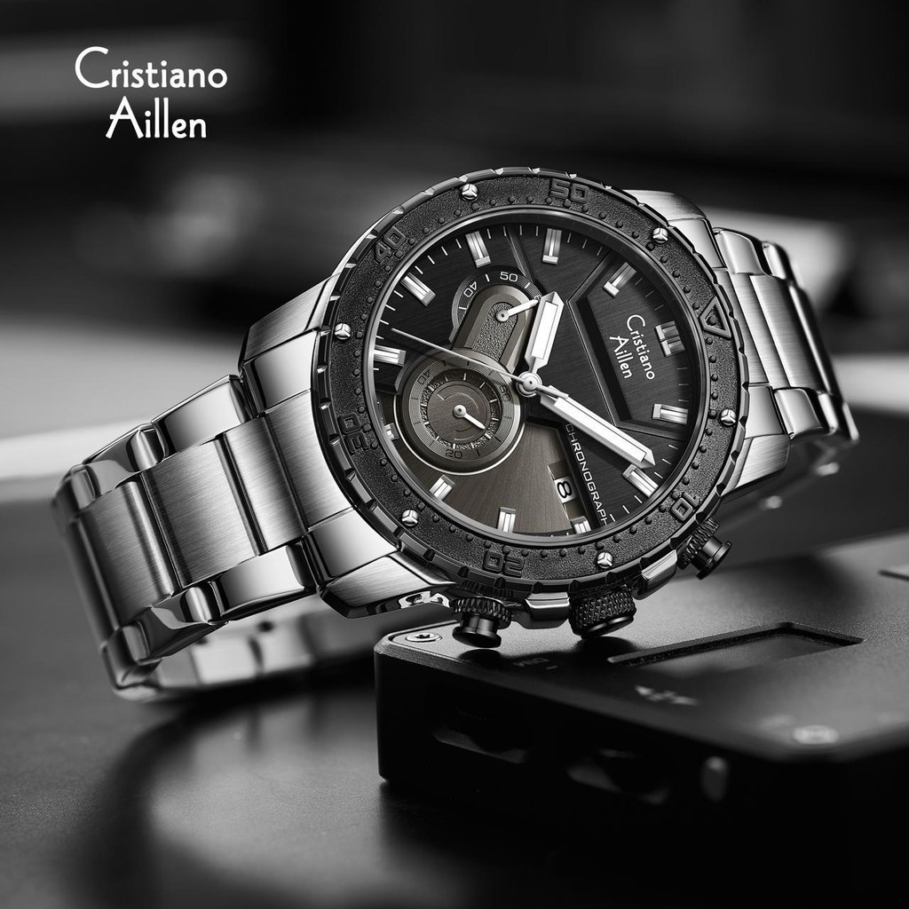 Cristiano Aillen Jam Tangan Pria Analog 8900 Rantai Stainless Steel Chronograph Kaca Sapphire Water