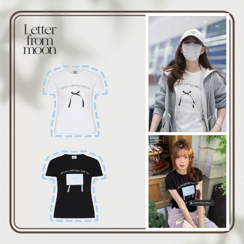 Kaos lengan pendek wanita Korea Letter From Moon dengan kerah bulat dan motif pita