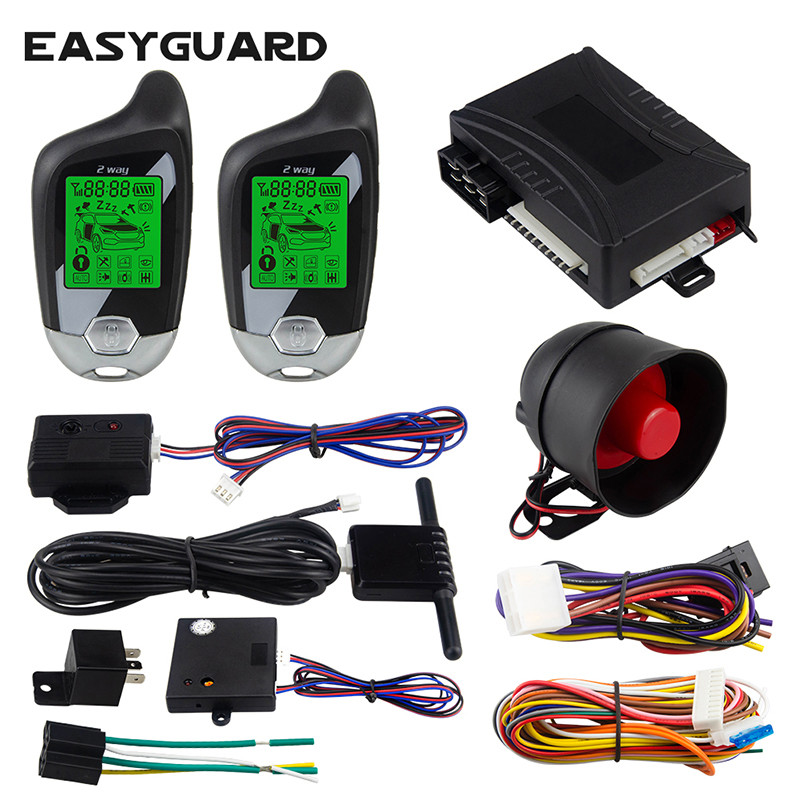 EASYGUARD Alarm Mobil Universal 2 Arah EC202 dengan Remote Start Mesin, Layar LCD Pager, Alarm Getar