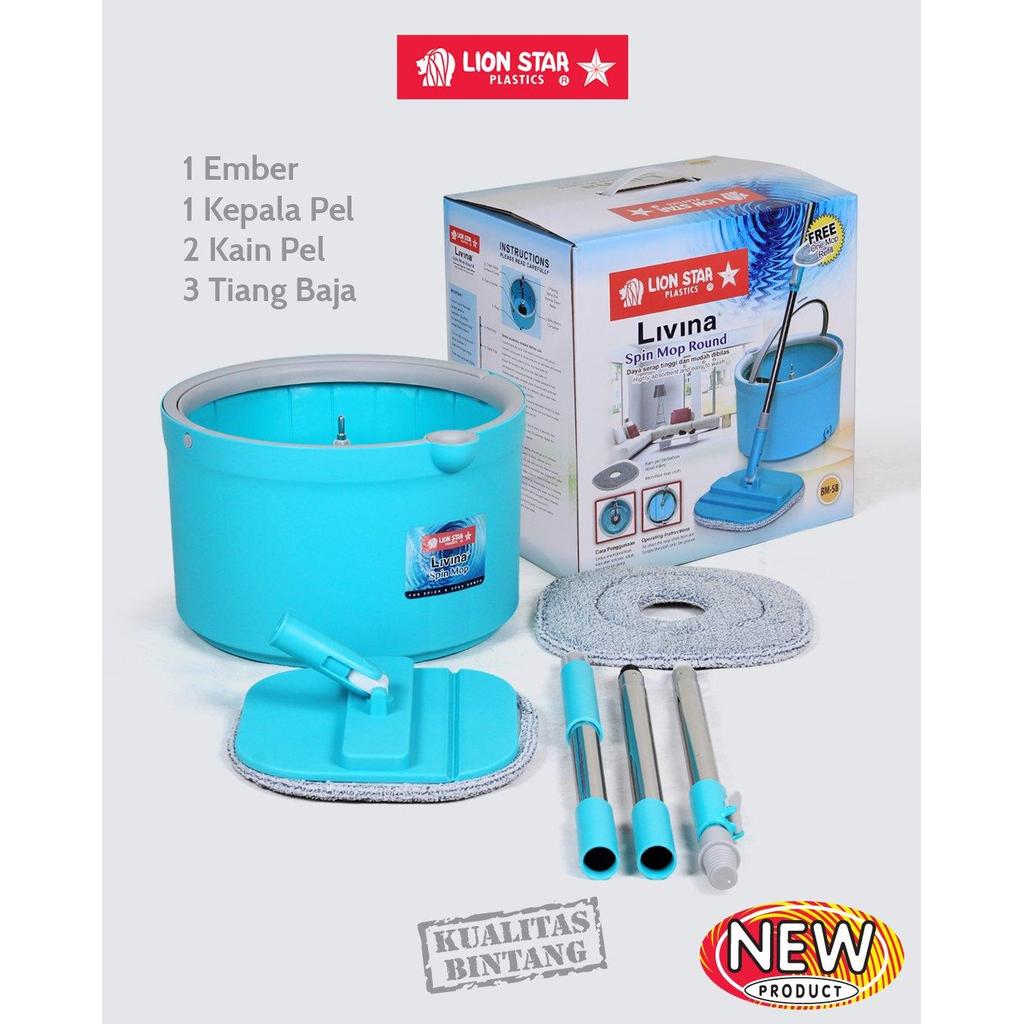 MICTON Lion Star BM-58 Livina Spin Mop Round Alat Pel Putar Lion Star Ember Dengan 2 Sikat Praktis P