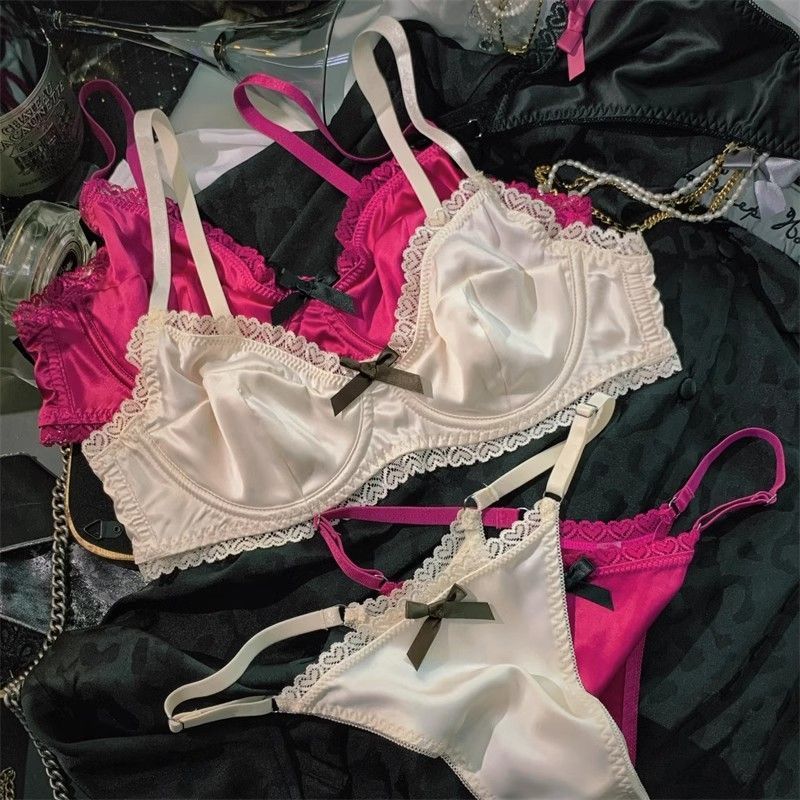 LadyAllure COD Set Bra Celana Dalam Wanita Satin Lace Putih Pink 3/4 Cup Underwire Ultra Thin Push U