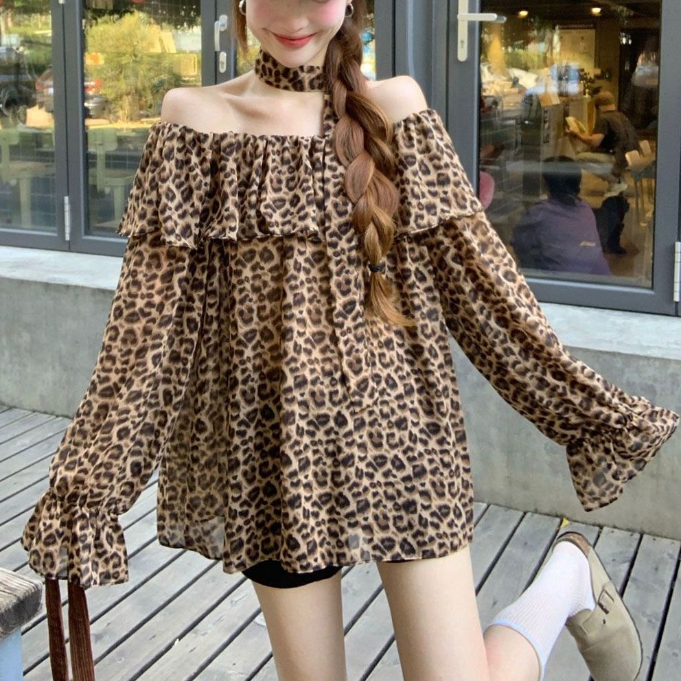 Cute Hot Label Blus off-shoulder motif leopard retro dengan pita yang menjuntai