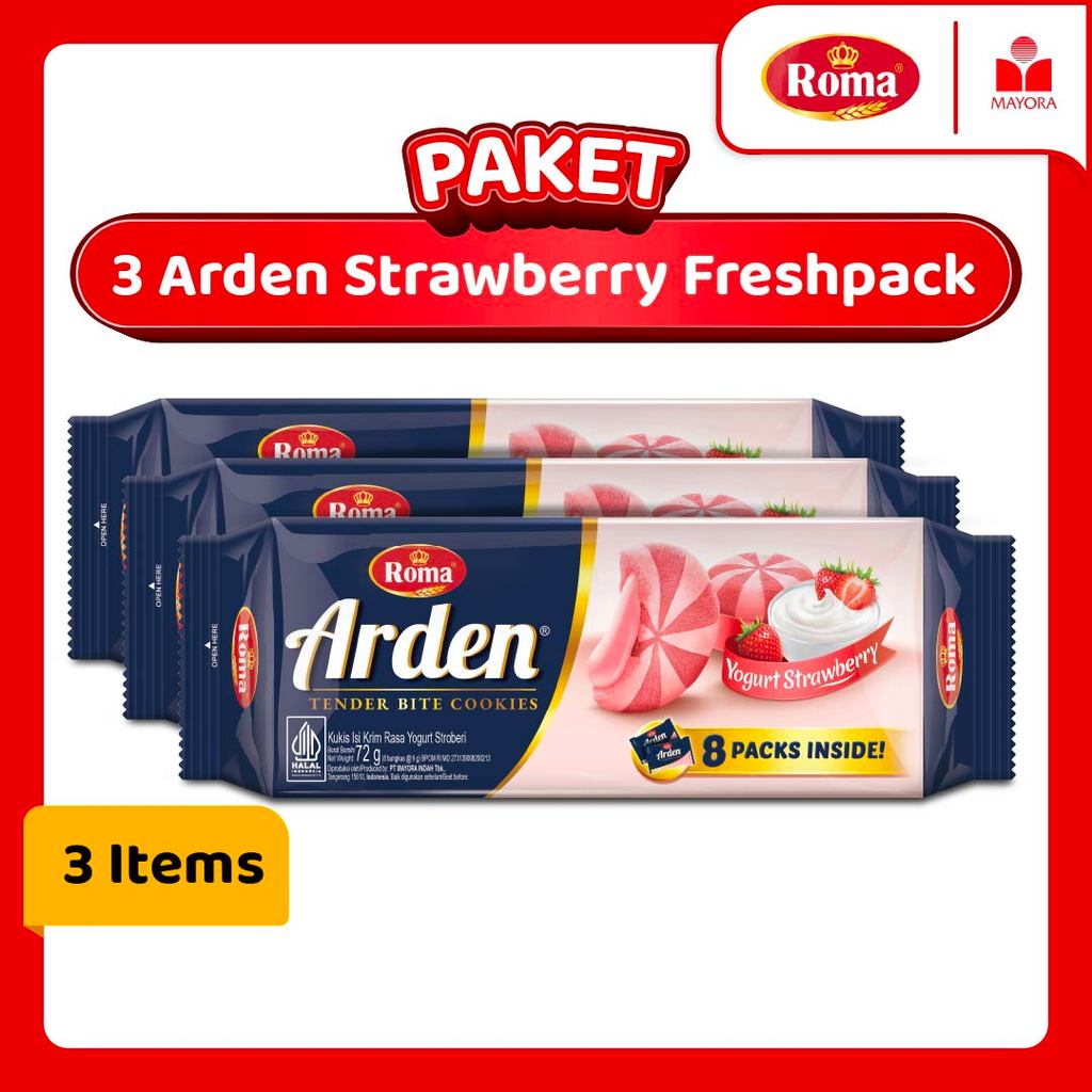 Paket 3 Roma Biskuit Arden Yogurt Strawberry Freshpack